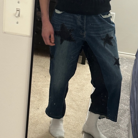 Upcycled custom extra baggy star-patterned men blue jeans with dark blue panels.